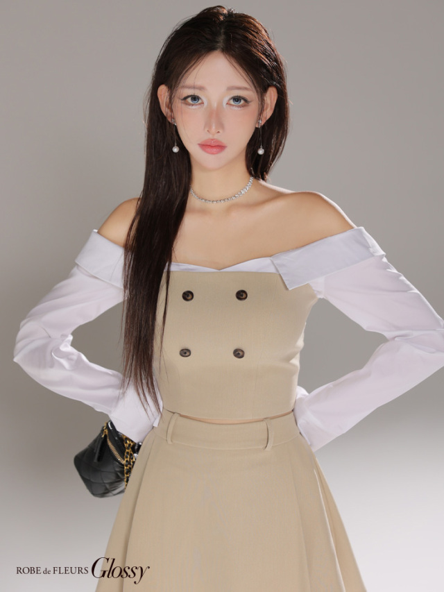 XSサイズあり】シャツオフショルデザインフロントボタンフレアミニ