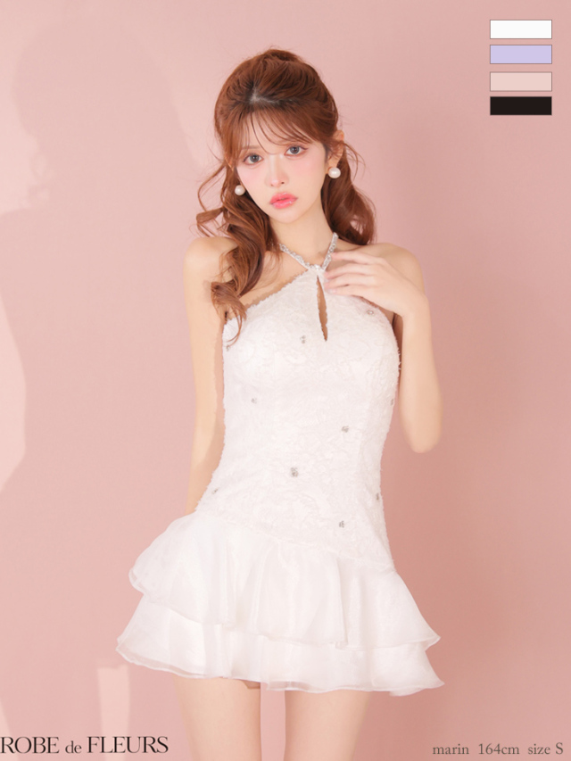 XSサイズあり】フラワーレースホルターネックティアードフレアミニ