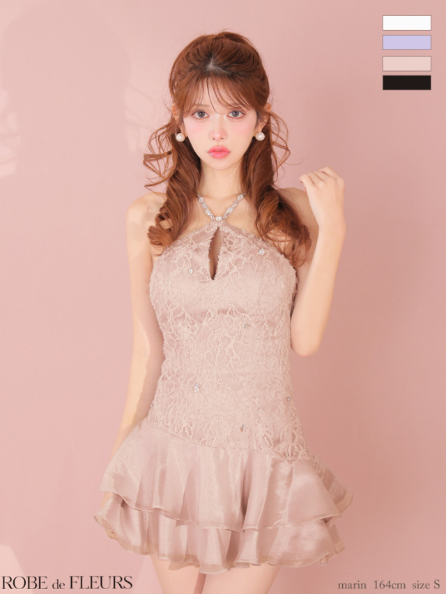 シフォンティアード 花柄プリント ホルターネック フレアミニドレス XSサイズあり】フラワーレースホルターネックティアードフレアミニ