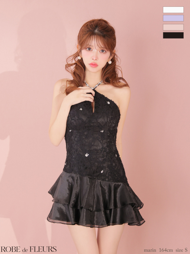 サテンホルターティアードフレアミニキャバドレス(fm3593) XSサイズあり】サテンホルターティアードフレアミニキャバドレス(fm3593)