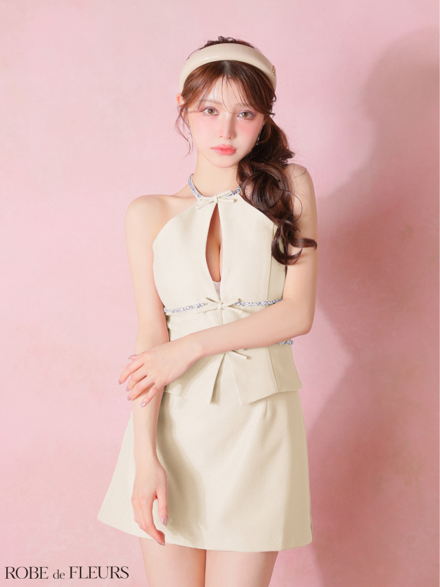 XSサイズあり】ラメツイルビジューリボンホルターネックセットアップ