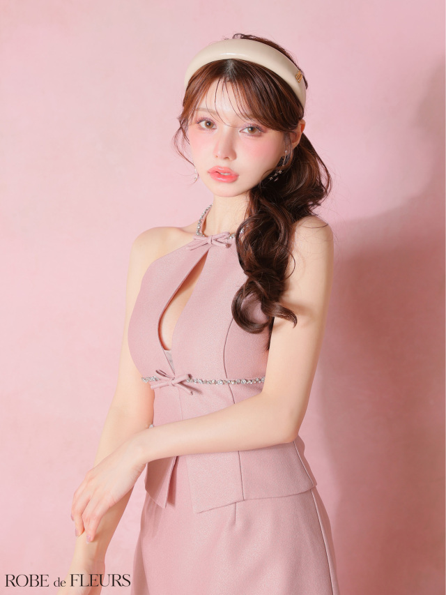 XSサイズあり】ラメツイルビジューリボンホルターネックセットアップ