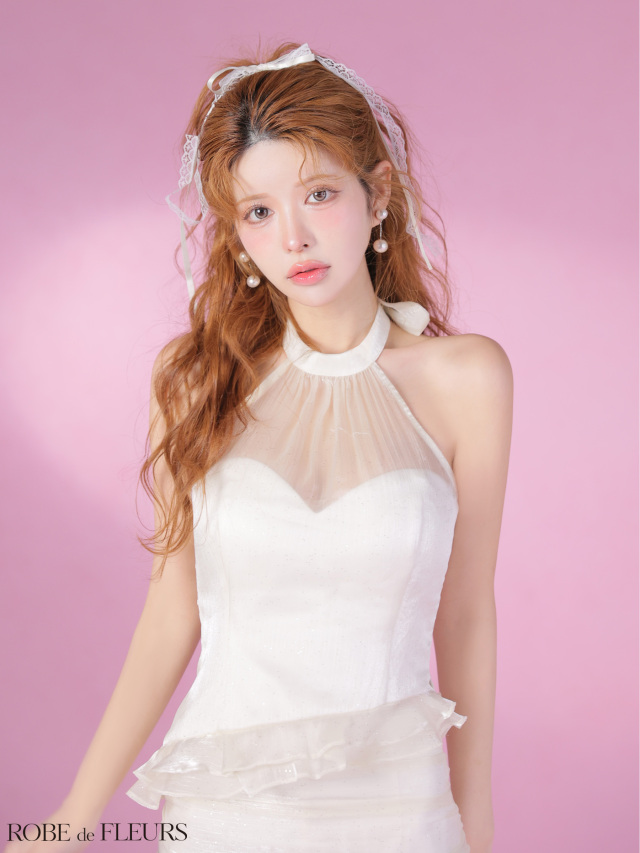 ROBE de FLEURS 襟付きラメフレアミニドレス　キャバ　エンジェル XSサイズあり】ラメシフォンホルターフリルミニキャバドレス (fm4346)