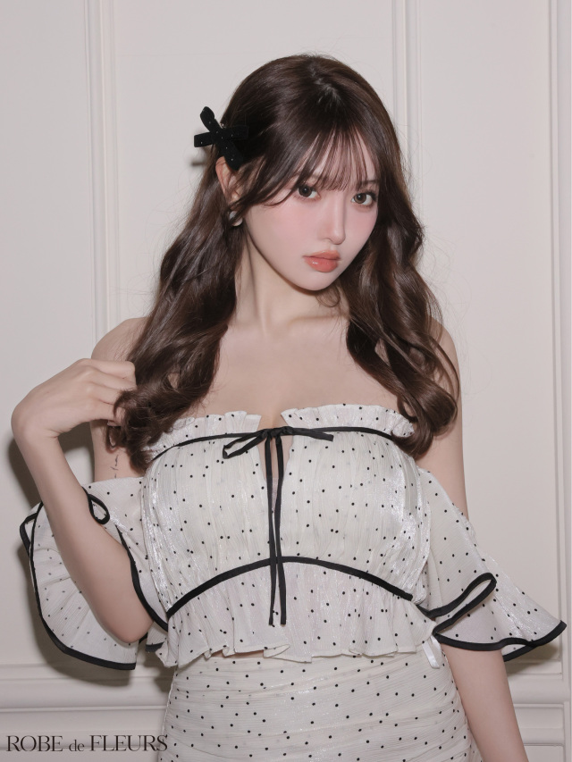 RobedeFleurs オフショルラメチュールセンタージップミニキャバドレスS XSサイズあり】ドットラメシフォンオフショルセットアップミニキャバ