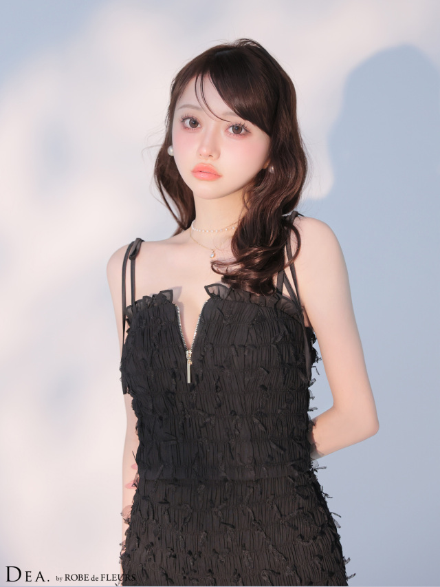 立体チュールフロントジップタイトツーピースキャバドレス (DE4348)