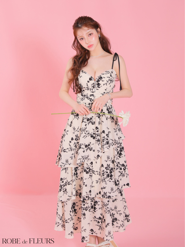 XS〜Lサイズあり】フラワーシフォンティアードロングキャバ