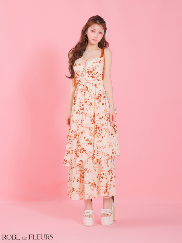DEA. by ROBE de FLEURS／キャバドレス ロングドレス XS〜Lサイズあり】フラワーシフォンティアードロングキャバ