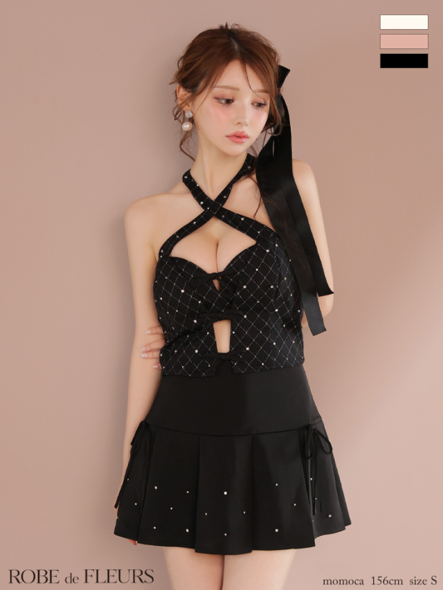 完売品　リボンショルダービジュー　セットアップドレス　キャバドレス　XS XSサイズあり】リボンチュール×ビジューセットアップキャバ
