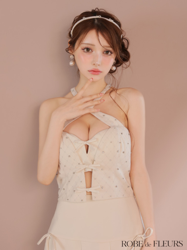 【XSサイズあり】クロスホルタービジューミニリボンセットアップキャバドレス(fm4400)