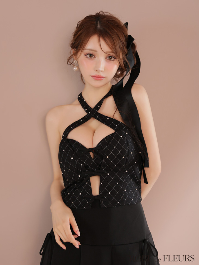 完売品　リボンショルダービジュー　セットアップドレス　キャバドレス　XS リボンオフショルダーセットアップドレス/キャバドレス【XS-M