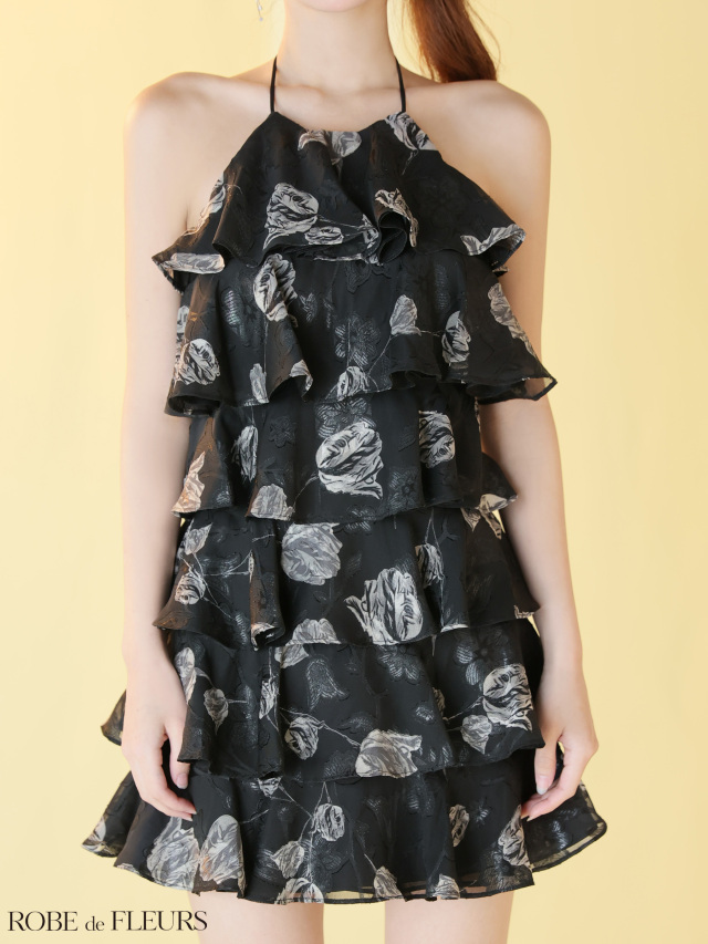 XSサイズあり】フラワージャガードシフォンティアードミニキャバドレス