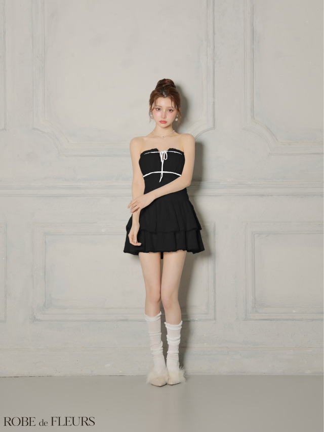 fm4600 ROBE de FLEURS リボンフリルスカートフレアベアミニ XSサイズあり】リボンフリルスカートフレアベアミニキャバドレス(fm4600)