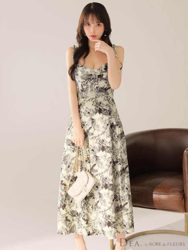 ROBE de FLEURS 花柄フレアドレス S ☆予約商品☆【9月中旬入荷予定】【Lサイズあり】花柄サテン