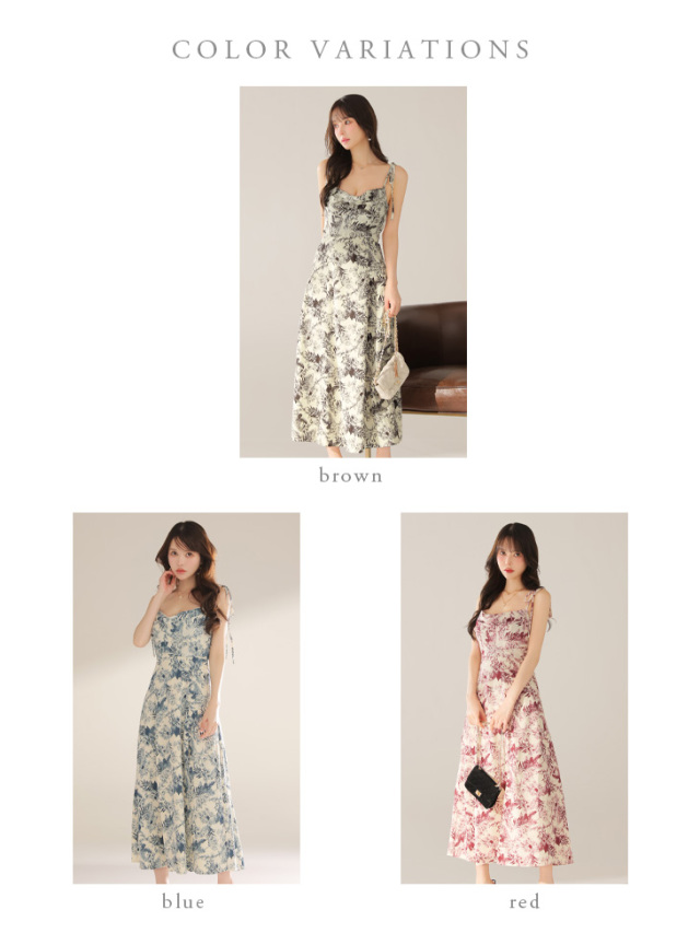 Lサイズあり】花柄サテンショルダーリボンフレアロングキャバドレス