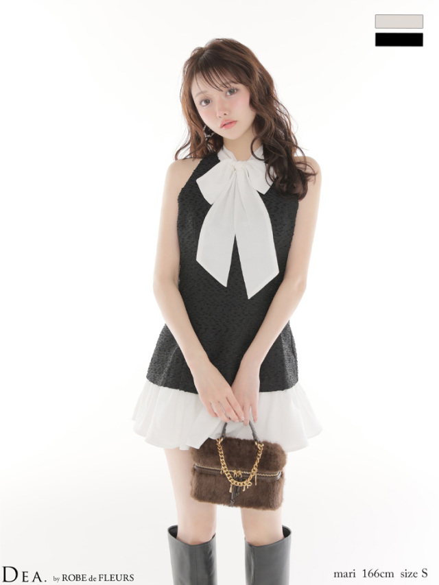 XSサイズあり】ツイードハイネックボウタイタイトミニキャバドレス(DE4616)