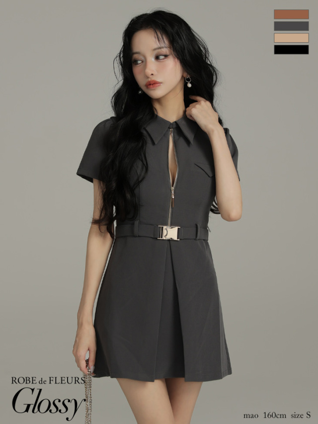 ROBE de FLEURS Glossy ナイトドレス GL4617 XS～Lサイズあり】シャツカラーウエストベルトフレアミニキャバドレス