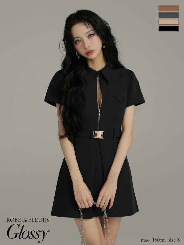 XS～Lサイズあり】シャツカラーウエストベルトフレアミニキャバドレス