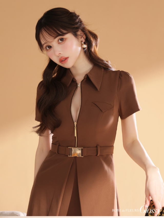 XS～Lサイズあり】シャツカラーウエストベルトフレアミニキャバドレス