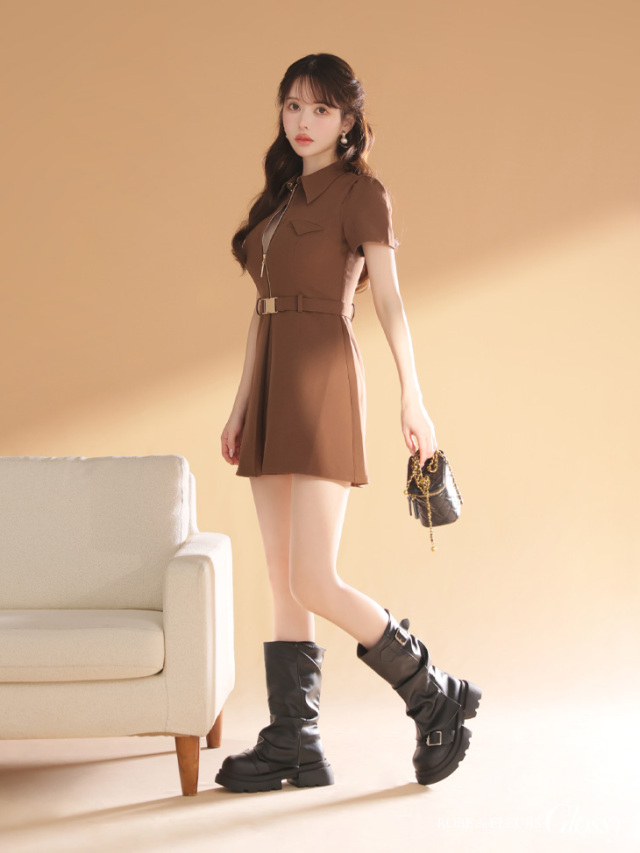 XS～Lサイズあり】シャツカラーウエストベルトフレアミニキャバドレス