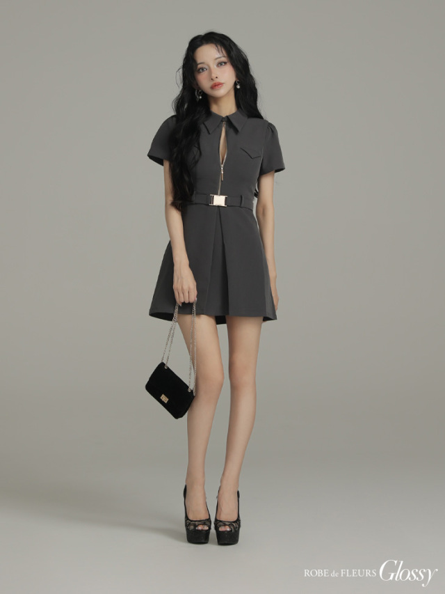 シャツカラーウエストベルトフレアミニキャバドレス(GL4617) sugar XS-Lサイズあり【Glossy/グロッシー】シャツカラー/ ウエストベルト