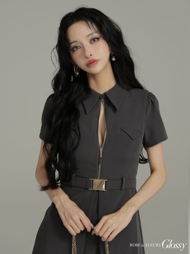 XS～Lサイズあり】シャツカラーウエストベルトフレアミニキャバドレス