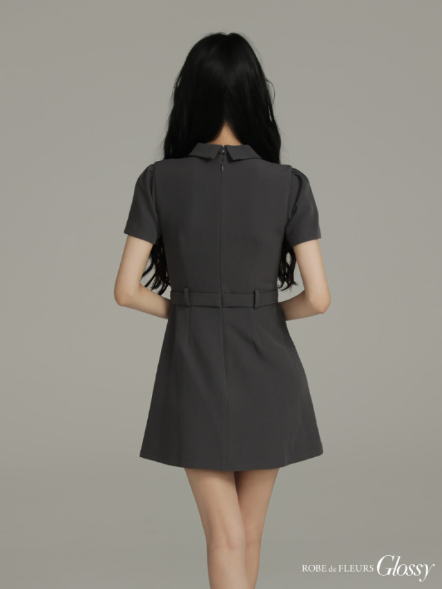 XS～Lサイズあり】シャツカラーウエストベルトフレアミニキャバドレス