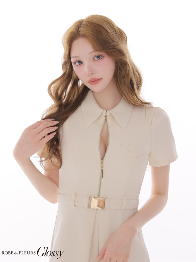 XS～Lサイズあり】シャツカラーウエストベルトフレアミニキャバドレス