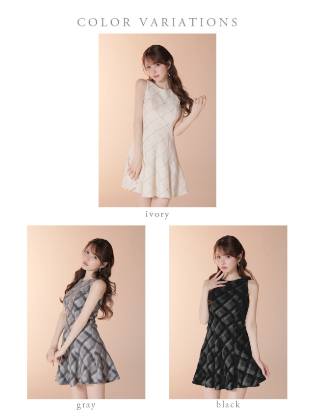 ツイードチェックノースリーブフレアミニキャバドレス(DE4620)