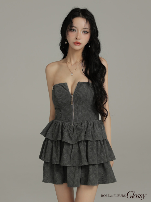 新品♡ミストレアス♡ナローストラップフィット&フレアミニドレス♡ベージュ AngelR [エンジェルアール] シフォンスリーブ / ビジュー