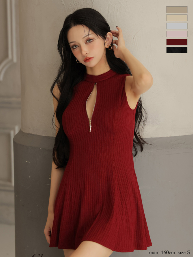 XSサイズあり】ラメニットハイネックノースリーブフレアミニキャバ