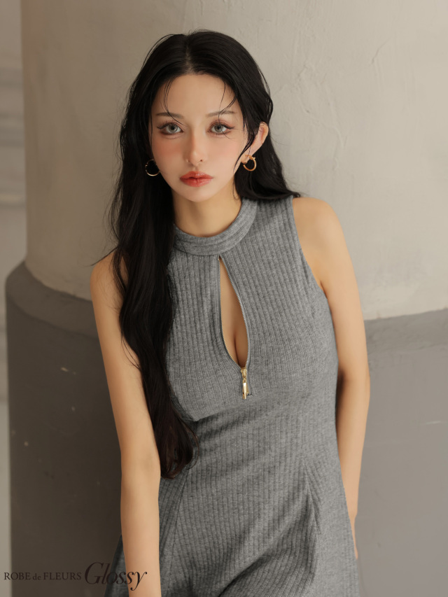 XSサイズあり】ラメニットハイネックノースリーブフレアミニキャバ