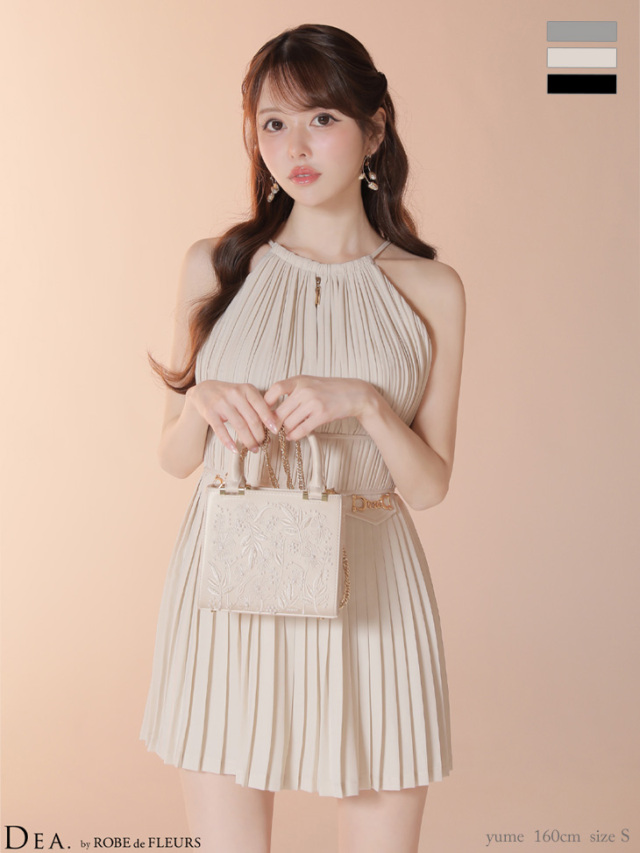 XSサイズあり】プリーツホルターネックティアードフレアミニキャバ