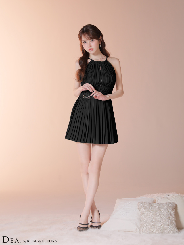 XSサイズあり】プリーツホルターネックティアードフレアミニキャバ