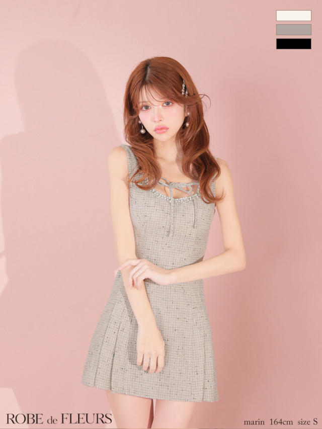 XSサイズあり】ラメツイードビジューラインミニキャバドレス (fm4631)