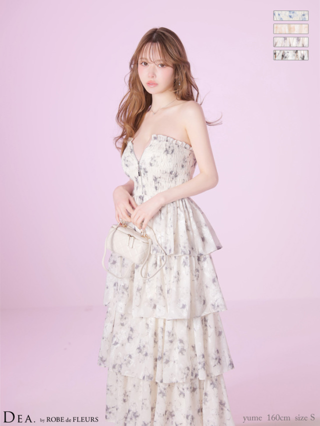 XS～Lサイズあり】フラワージャガードシフォンティアードフレアロング