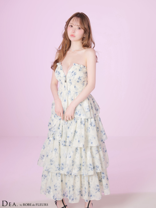 XS～Lサイズあり】フラワージャガードシフォンティアードフレアロング