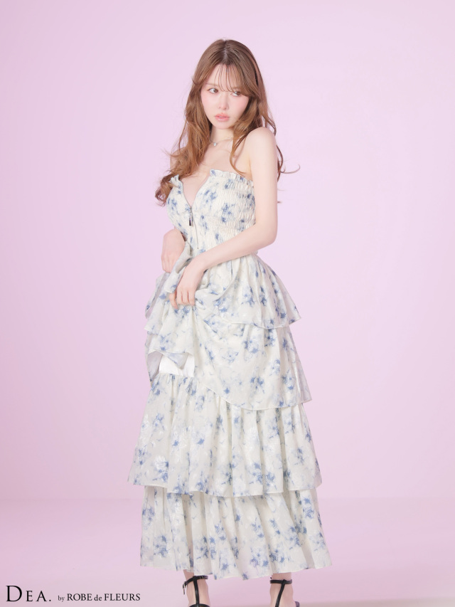XS～Lサイズあり】フラワージャガードシフォンティアードフレアロング