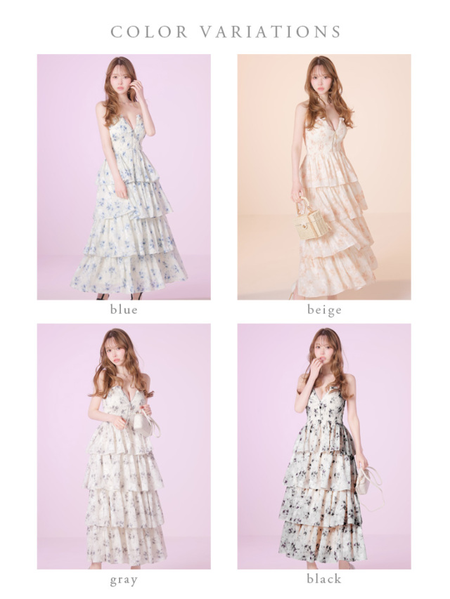 XS～Lサイズあり】フラワージャガードシフォンティアードフレアロング