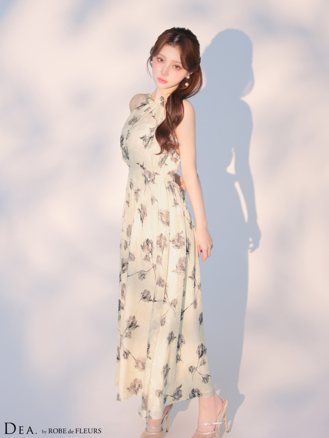 フラワージャガードシフォンホルターネック ロングキャバドレス XS XS～Lサイズあり】フラワージャガードシフォンホルターネックロング