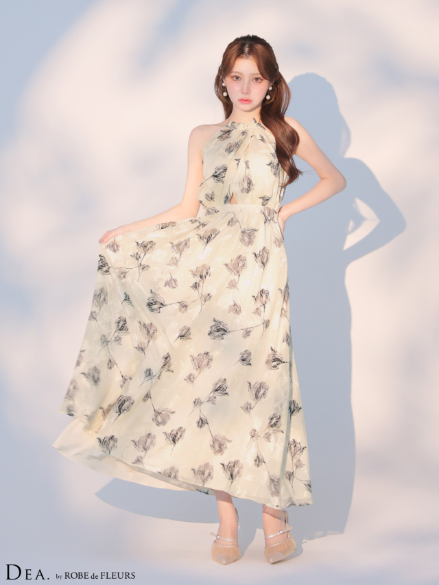 XS～Lサイズあり】フラワージャガードシフォンホルターネックロング