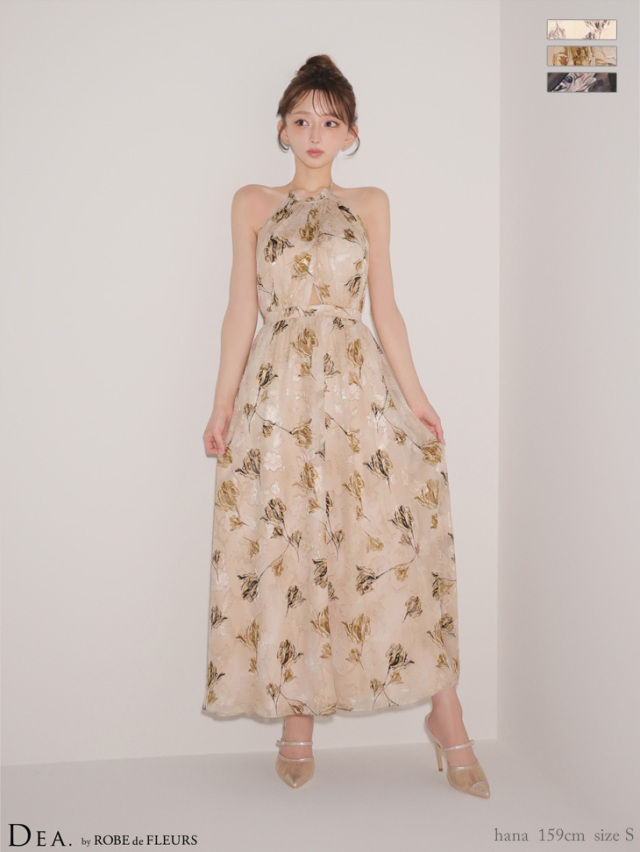 XS～Lサイズあり】フラワージャガードシフォンホルターネックロング