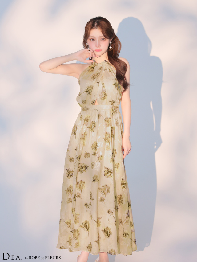 XS～Lサイズあり】フラワージャガードシフォンホルターネックロング