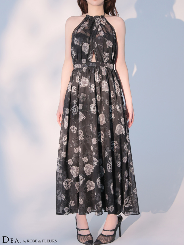 XS～Lサイズあり】フラワージャガードシフォンホルターネックロング