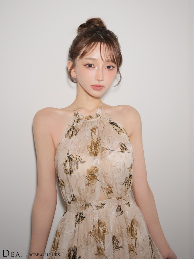XS～Lサイズあり】フラワージャガードシフォンホルターネックロング