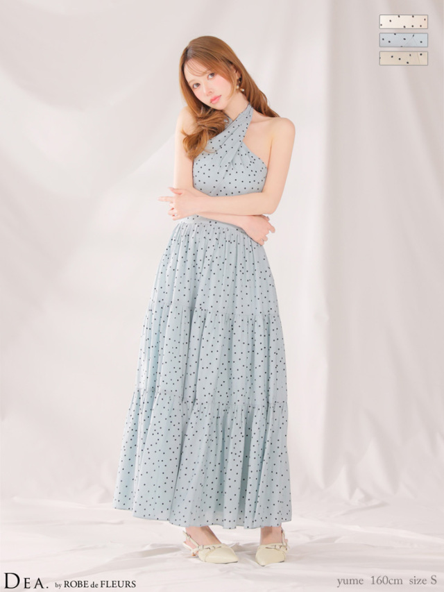 XS〜Lサイズあり】クロスホルタードットロングキャバドレス(DE4646)