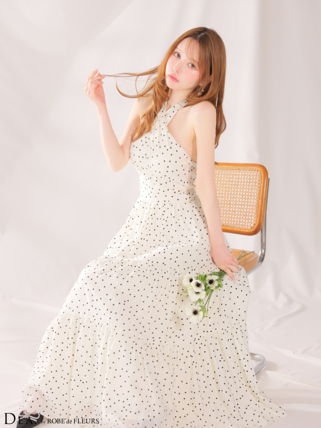 XS〜Lサイズあり】クロスホルタードットロングキャバドレス(DE4646)