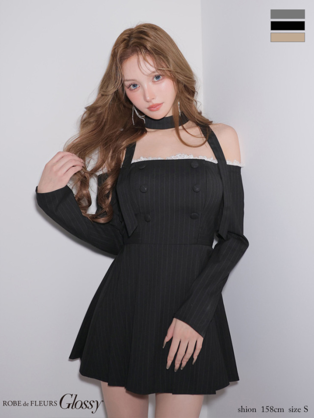 XSサイズあり】ダブルボタンストライプフレアミニキャバドレス (GL4800)