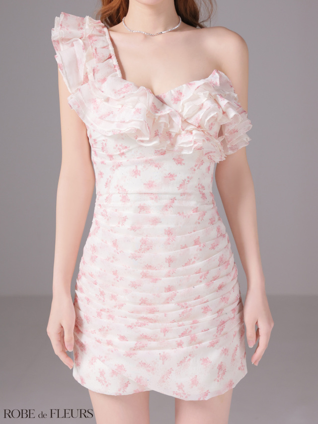 テ*ラ様 キャバドレス ピンク ROBE de FLEURS XSサイズあり】ラメフラワーギャザーフリルミニキャバドレス (fm4908)
