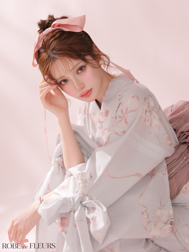 ROBE de FLEURS 花柄浴衣 浴衣】ROBE de FLEURS Ribbon Sleeve Flower Yukata（fm4910）