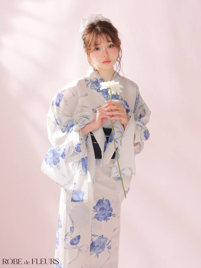 浴衣】ROBE de FLEURS Ribbon Sleeve Flower Yukata（fm4910）